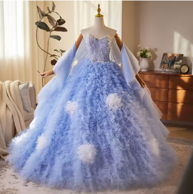 Blue Sequined Applique Ruched Princess Evening Party Gown