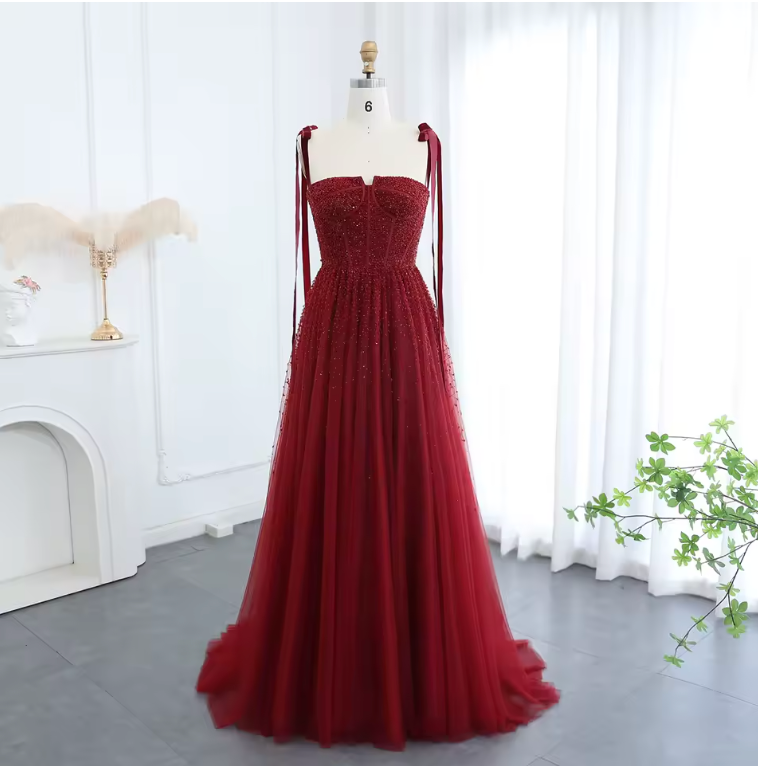 Elegant Beaded Wine Red Luxury Prom Dress
