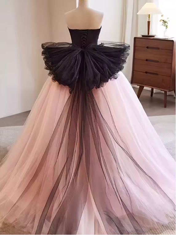 Black & Pink Tulle Bow Ball Gown Dress