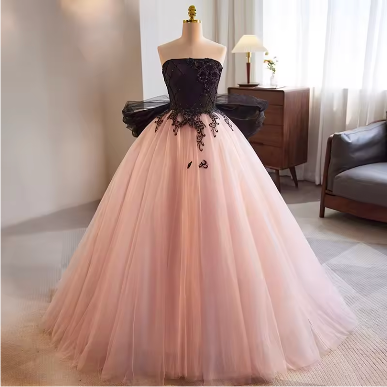 Black & Pink Tulle Bow Ball Gown Dress