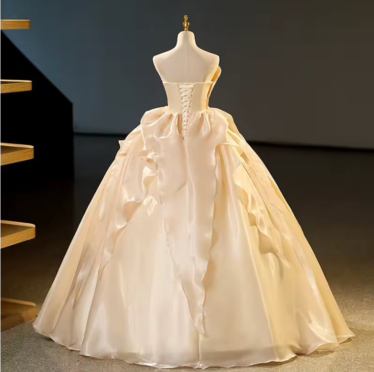 Strapless Chic A-Line Champagne Satin Ball Gown Dress