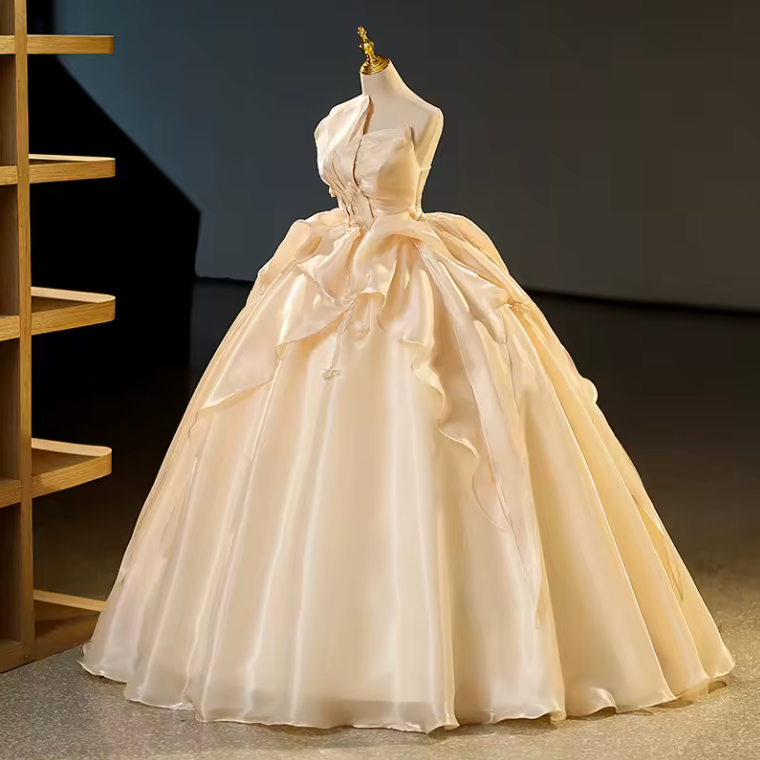 Strapless Chic A-Line Champagne Satin Ball Gown Dress