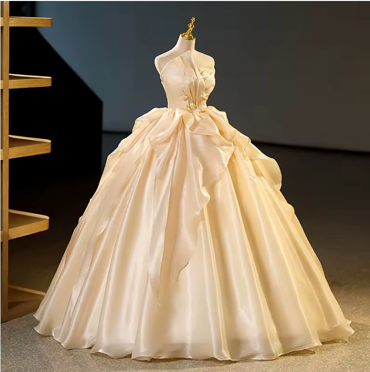 Strapless Chic A-Line Champagne Satin Ball Gown Dress