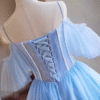 Blue Lace A-Line Short Prom Dress with Spaghetti Straps, Pearls & Ruffles