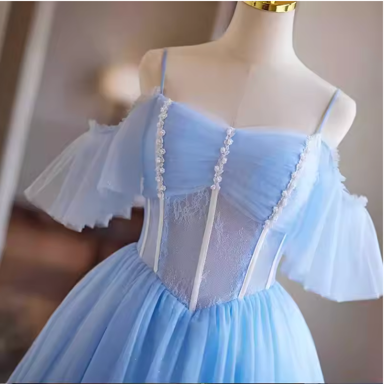 Blue Lace A-Line Short Prom Dress with Spaghetti Straps, Pearls & Ruffles