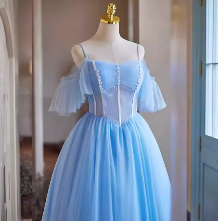 Blue Lace A-Line Short Prom Dress with Spaghetti Straps, Pearls & Ruffles