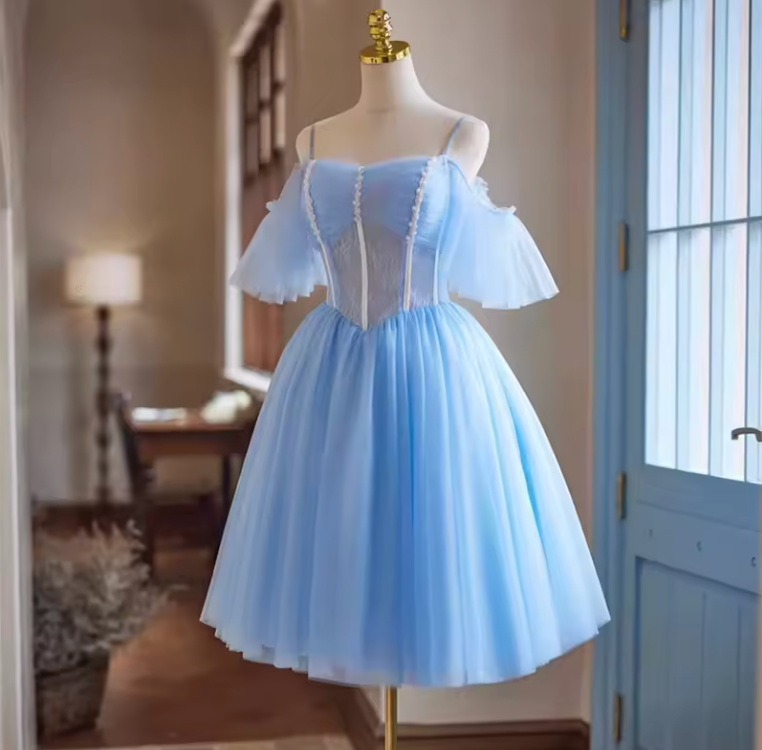 Blue Lace A-Line Short Prom Dress with Spaghetti Straps, Pearls & Ruffles