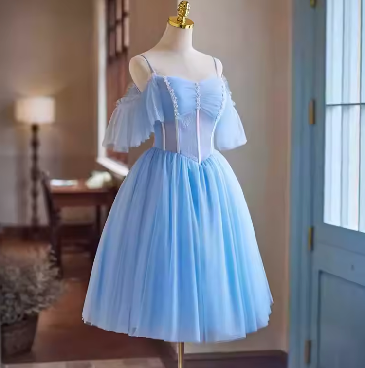 Blue Lace A-Line Short Prom Dress with Spaghetti Straps, Pearls & Ruffles