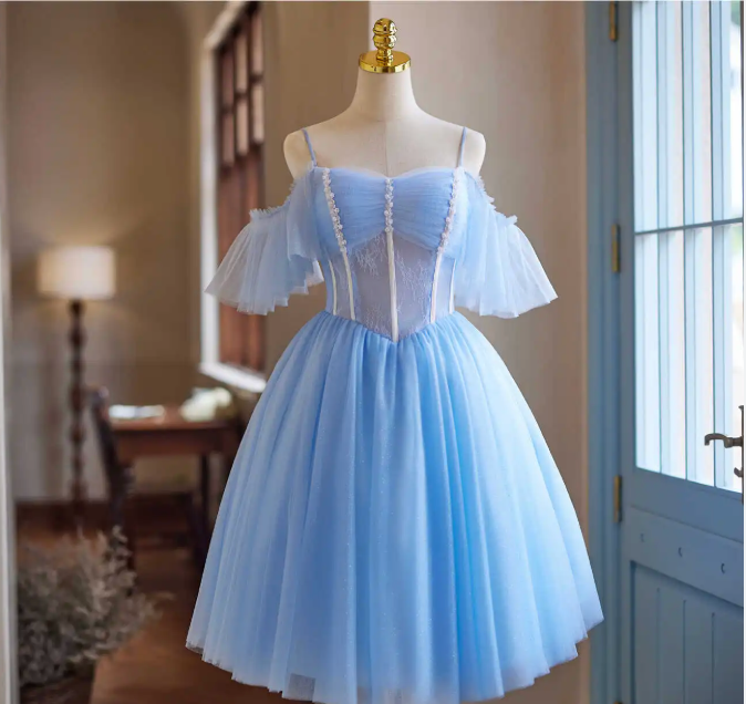 Blue Lace A-Line Short Prom Dress with Spaghetti Straps, Pearls & Ruffles