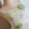 A-Line White Tulle Short Prom Dress with Green Rose Floral Embroidery