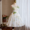 A-Line White Tulle Short Prom Dress with Green Rose Floral Embroidery