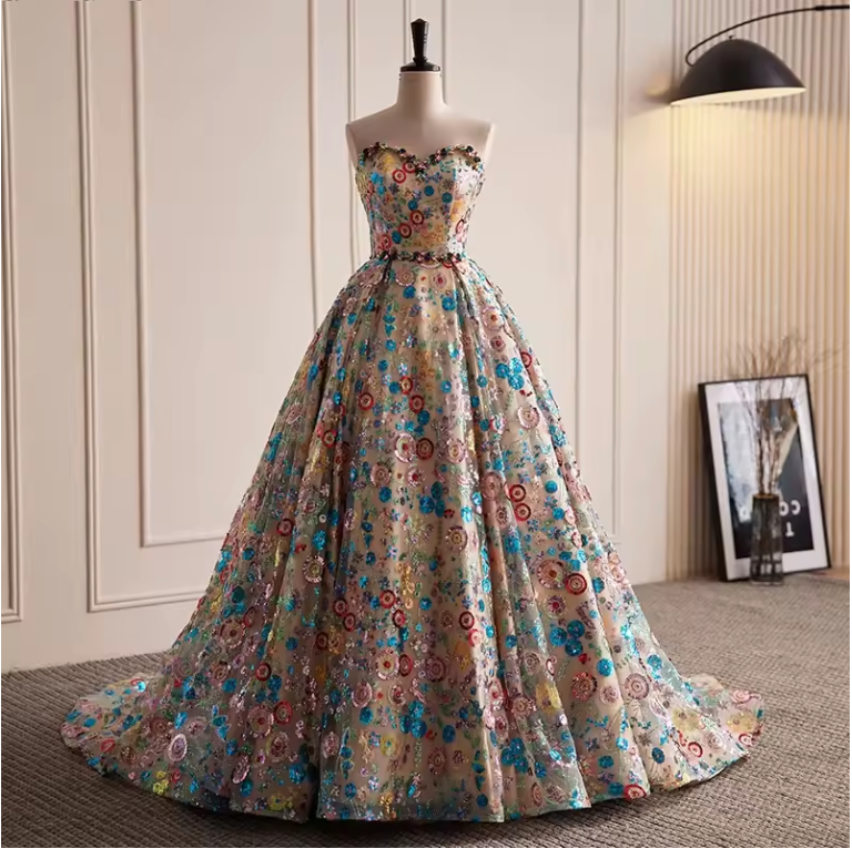 Multicolor Sequin Applique Strapless Floor-Length A-Line Evening Dress