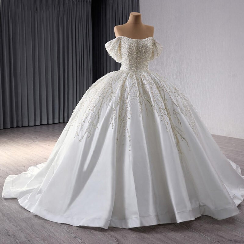 White Pearl-Embellished Empire Waist Bridal Wedding Gown