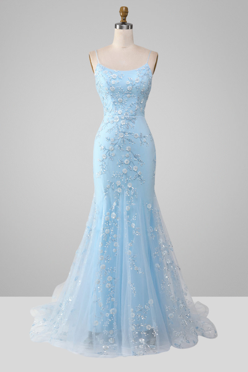 Blue Sparkly Beaded Mermaid Long Prom Dress