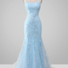 Blue Sparkly Beaded Mermaid Long Prom Dress