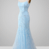 Blue Sparkly Beaded Mermaid Long Prom Dress