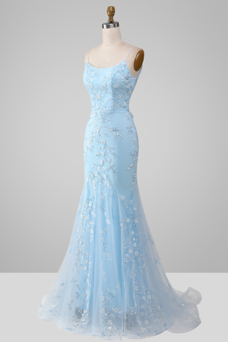Blue Sparkly Beaded Mermaid Long Prom Dress