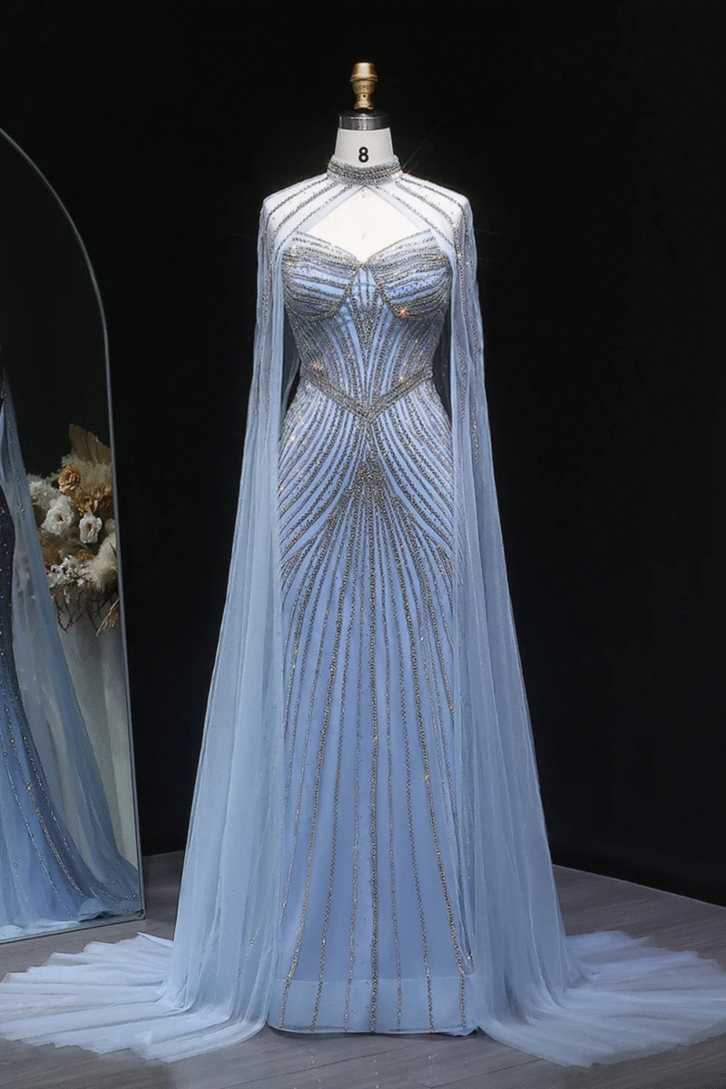 Sparkly Crystal Sky Blue Mermaid Evening Dress with Cape Sleeves
