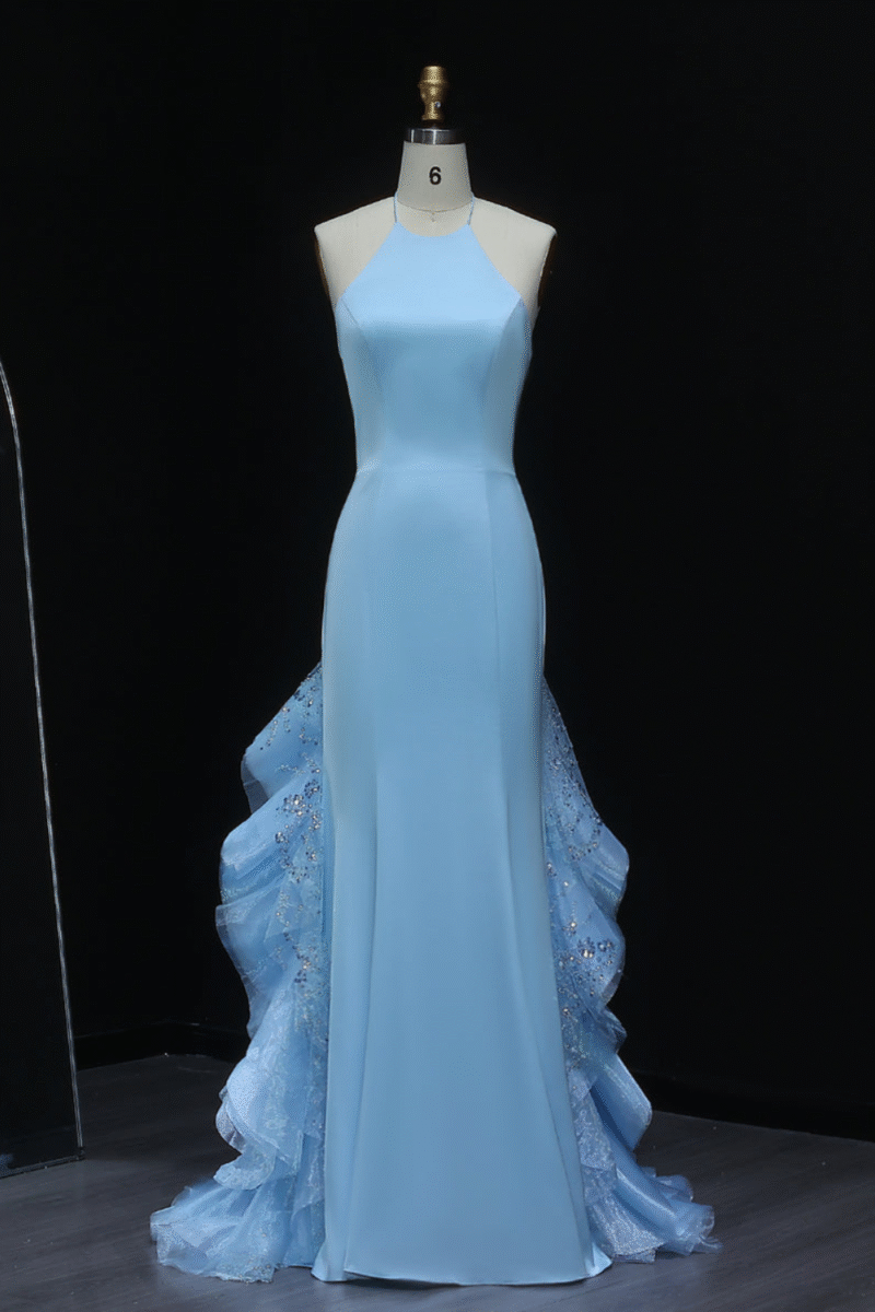 Stunning Blue Mermaid Halter Evening Dress with Ruffles