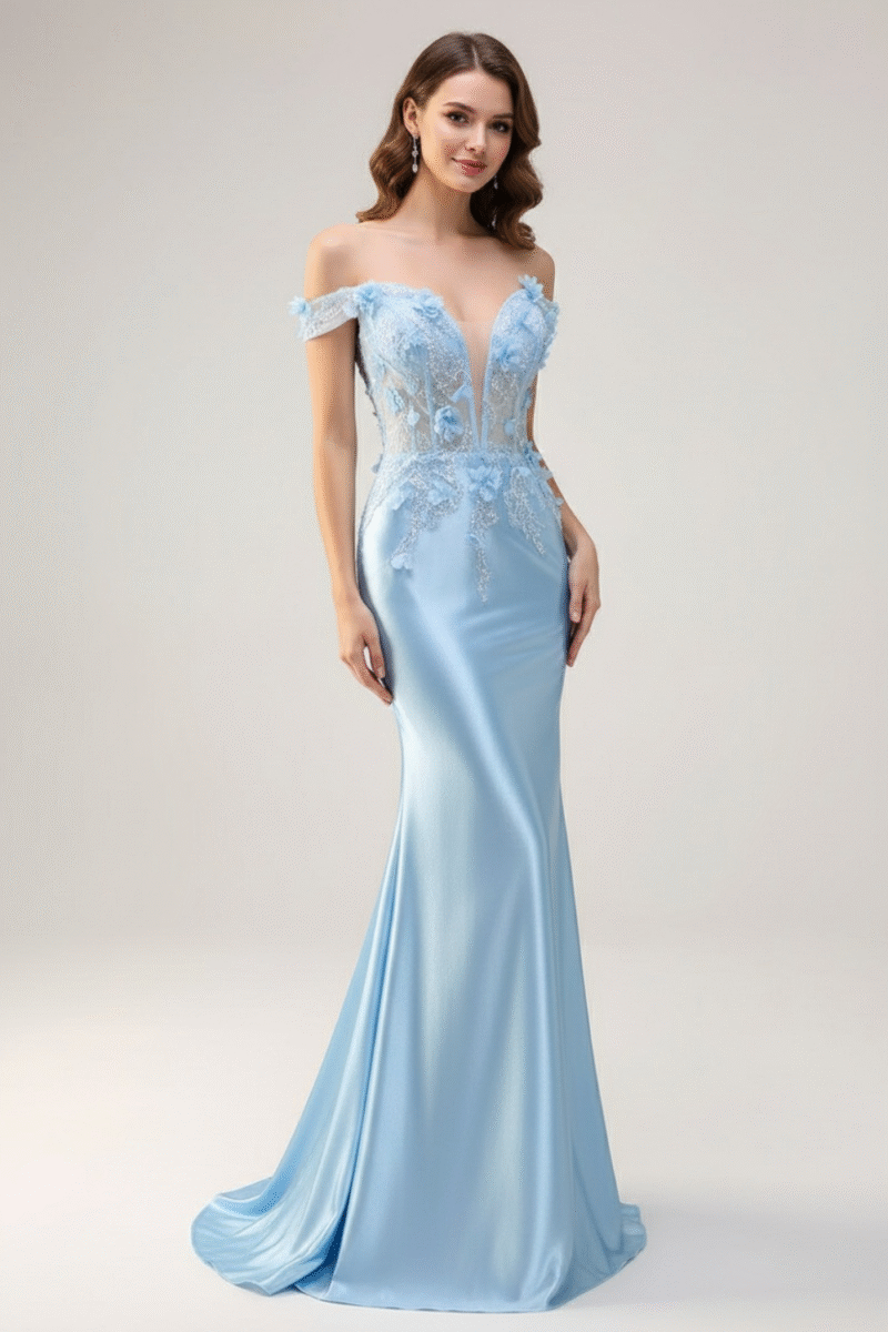 Sky Blue Off-the-Shoulder Mermaid Floral Prom Dress