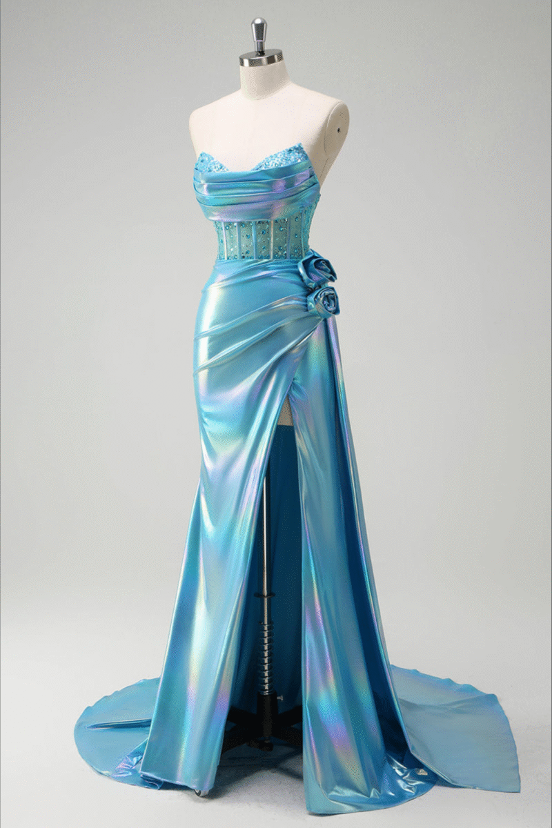 Blue Strapless Metallic Mermaid Prom Dress with 3D Flowers