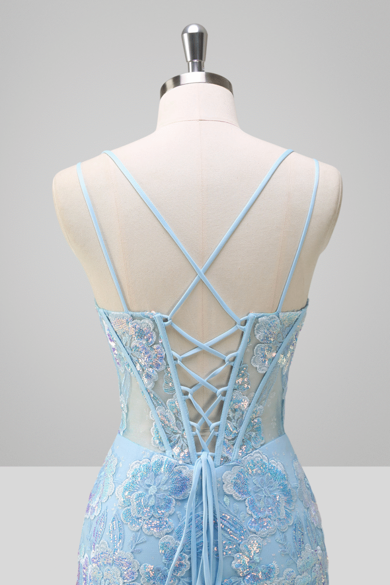 Sparkly Blue Mermaid Spaghetti Strap Sequin Prom Dress