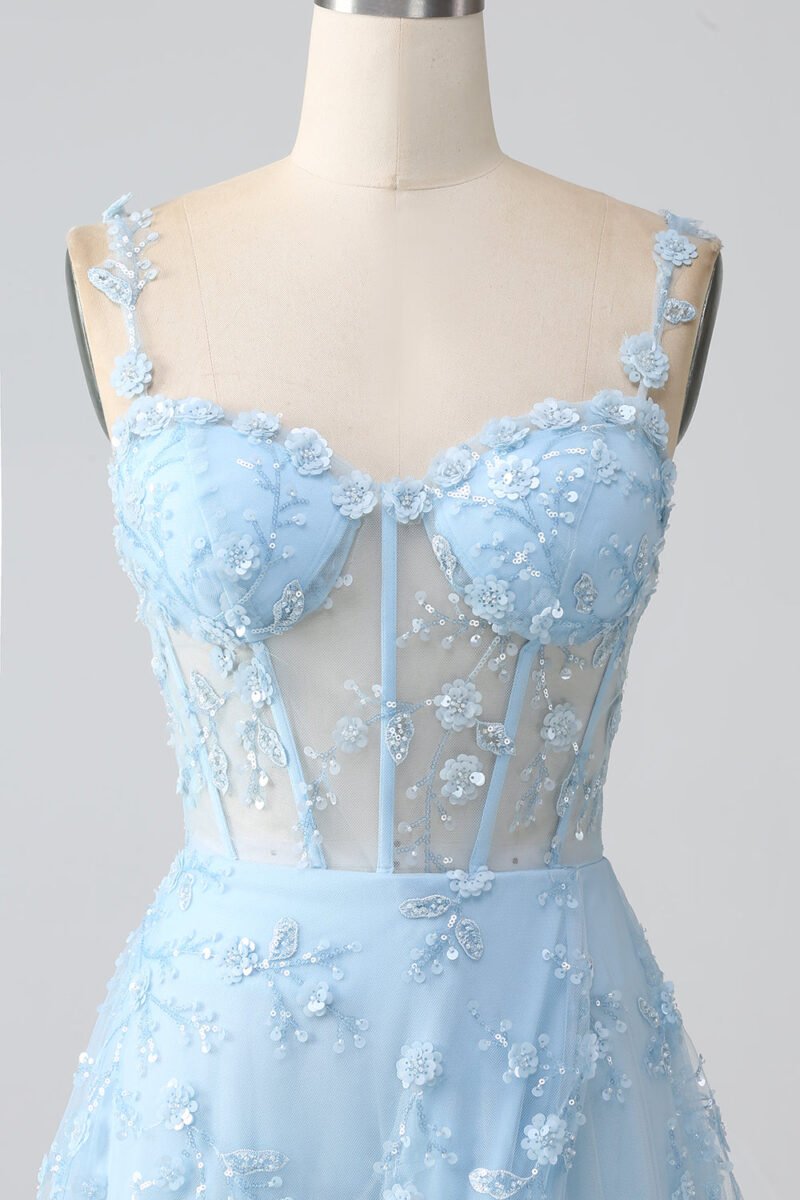 Blush Pink A-Line Sequin Corset Prom Dress with Slit – Spaghetti Straps