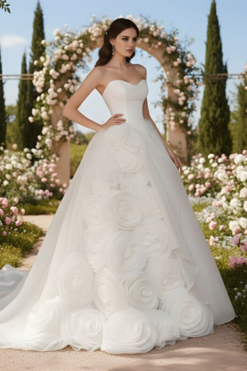 Sweetheart 3D Organza Flowers Ball Gown Bridal Wedding Dress