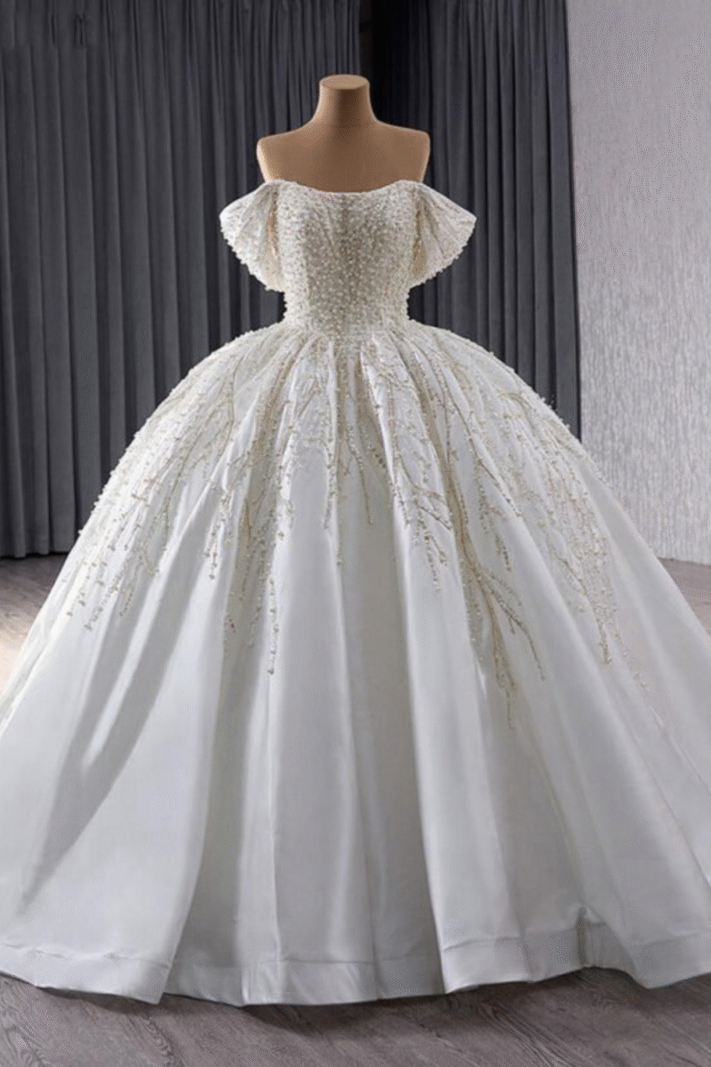 White Pearl-Embellished Empire Waist Bridal Wedding Gown