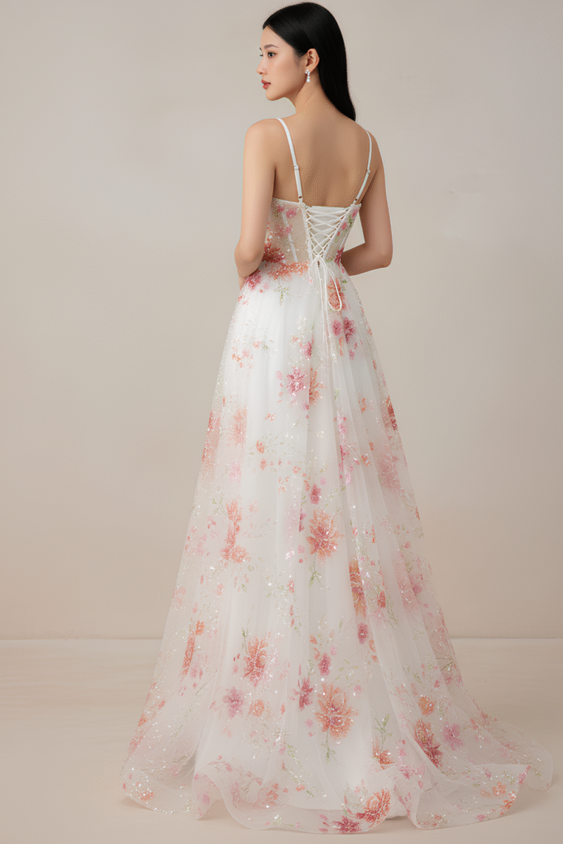 White A-Line Corset Prom Dress with Floral Sequin Details