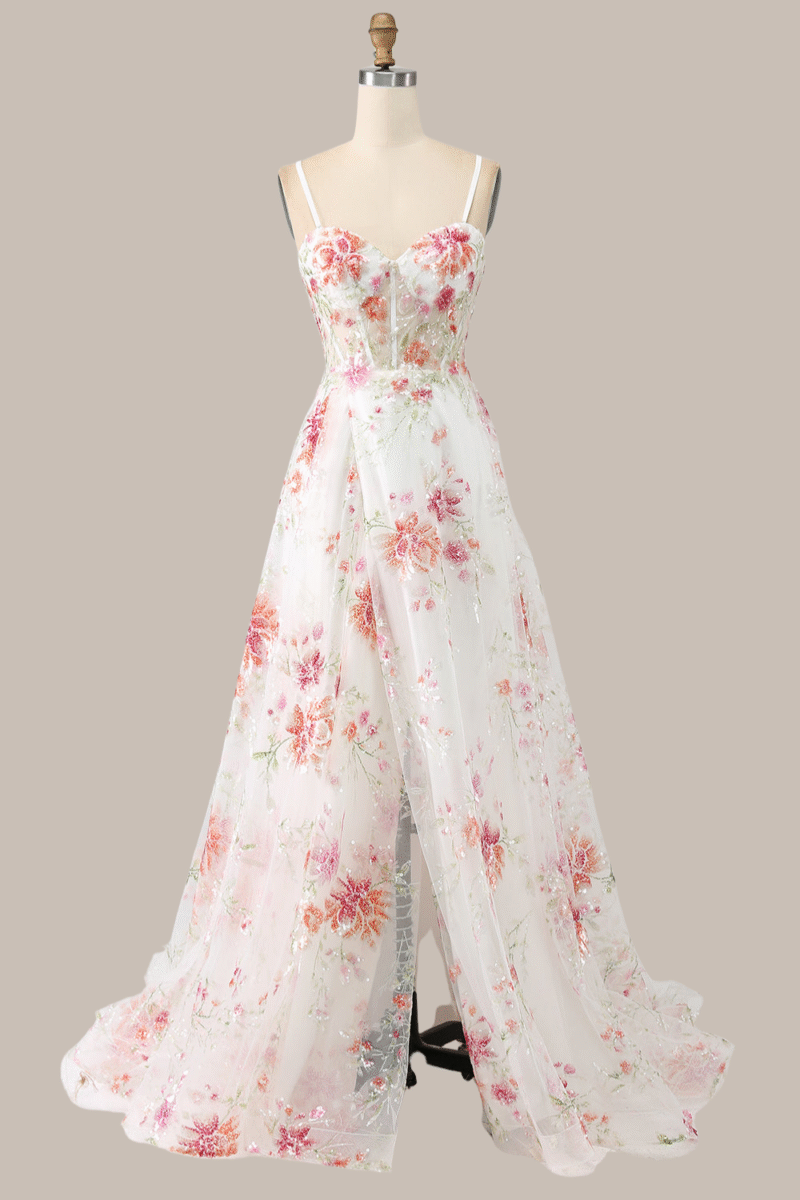 White A-Line Corset Prom Dress with Floral Sequin Details