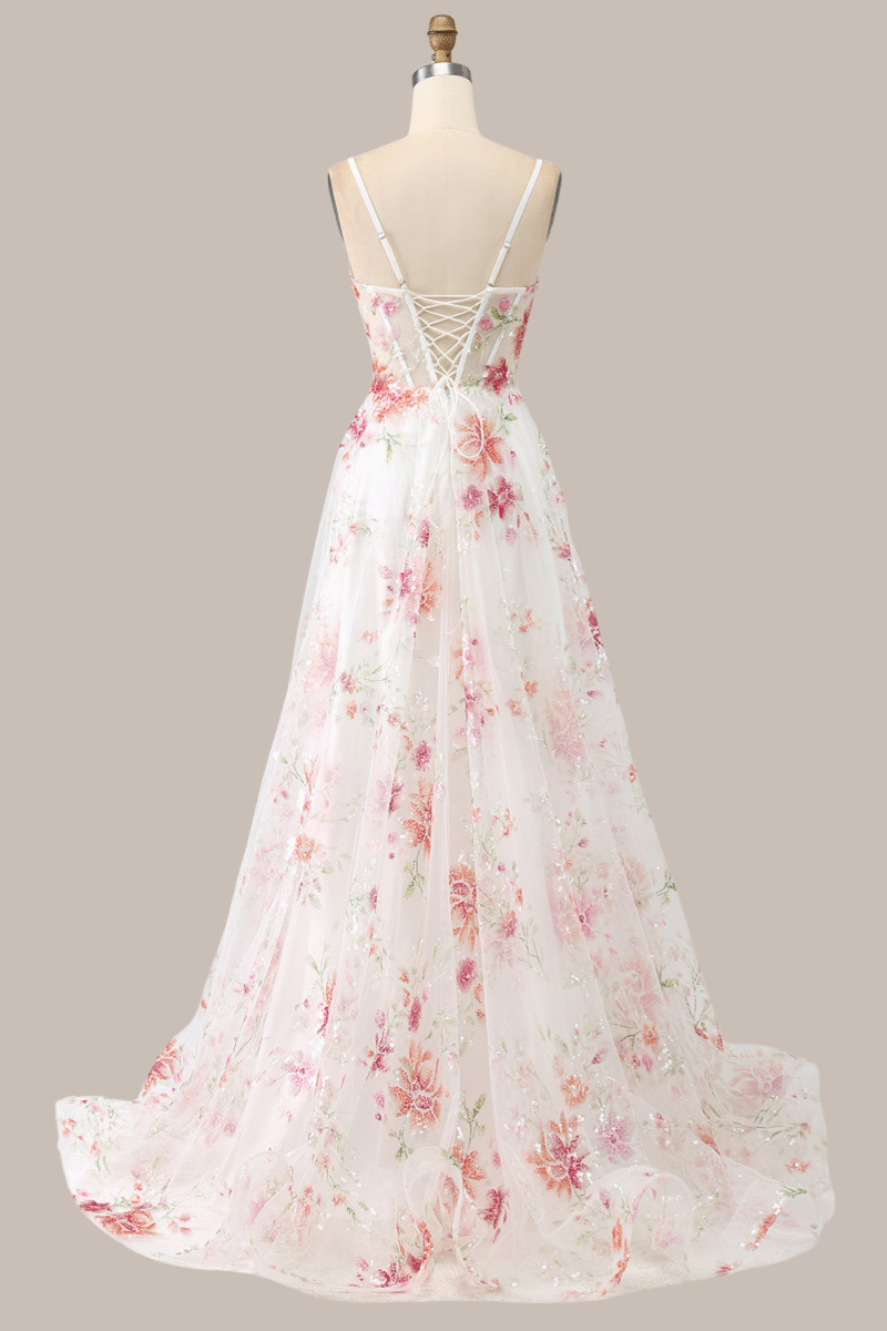 White A-Line Corset Prom Dress with Floral Sequin Details