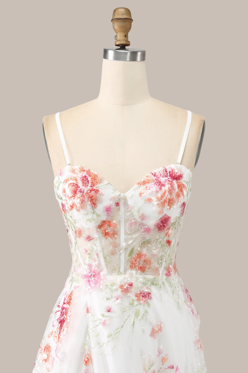 White A-Line Corset Prom Dress with Floral Sequin Details
