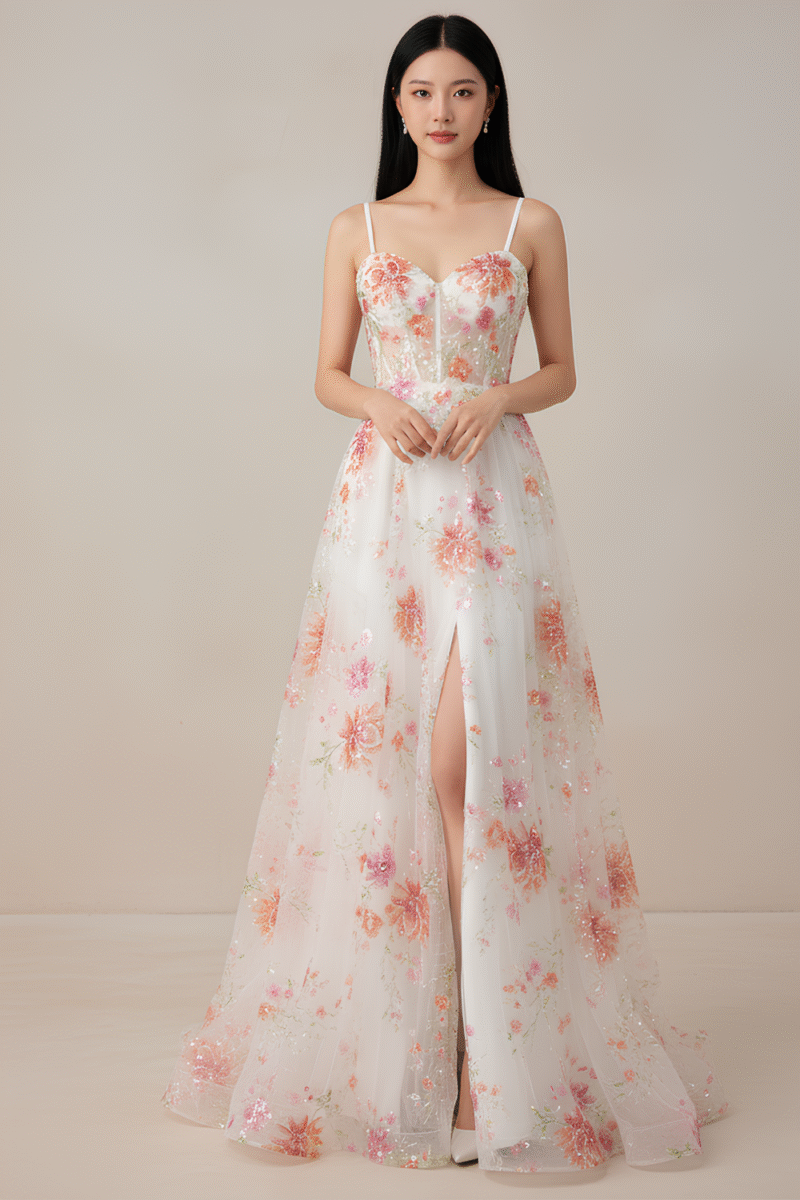 White A-Line Corset Prom Dress with Floral Sequin Details