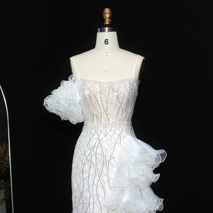 White Mermaid Evening Dress – Spaghetti Straps with Tiered Ruffles