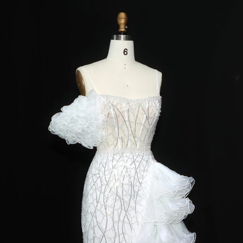 White Mermaid Evening Dress – Spaghetti Straps with Tiered Ruffles