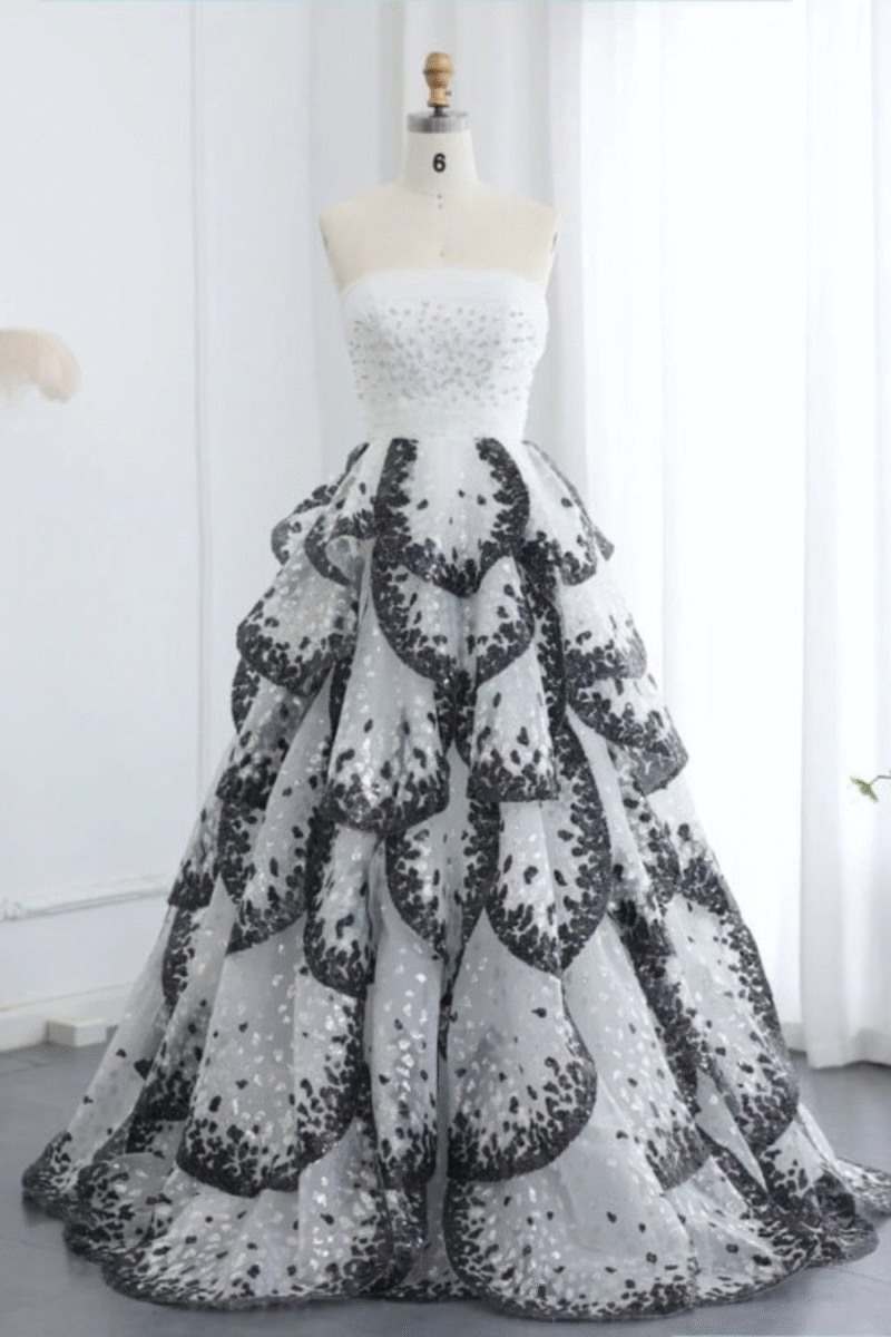 Luxury White Sequin Ball Gown with Train – Elegant Evening Dress