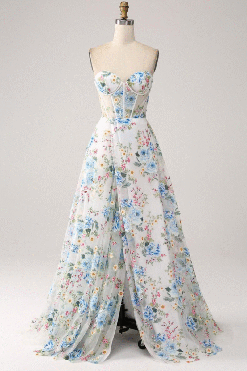 White Floral Printed A-Line Strapless Prom Dress with Slit