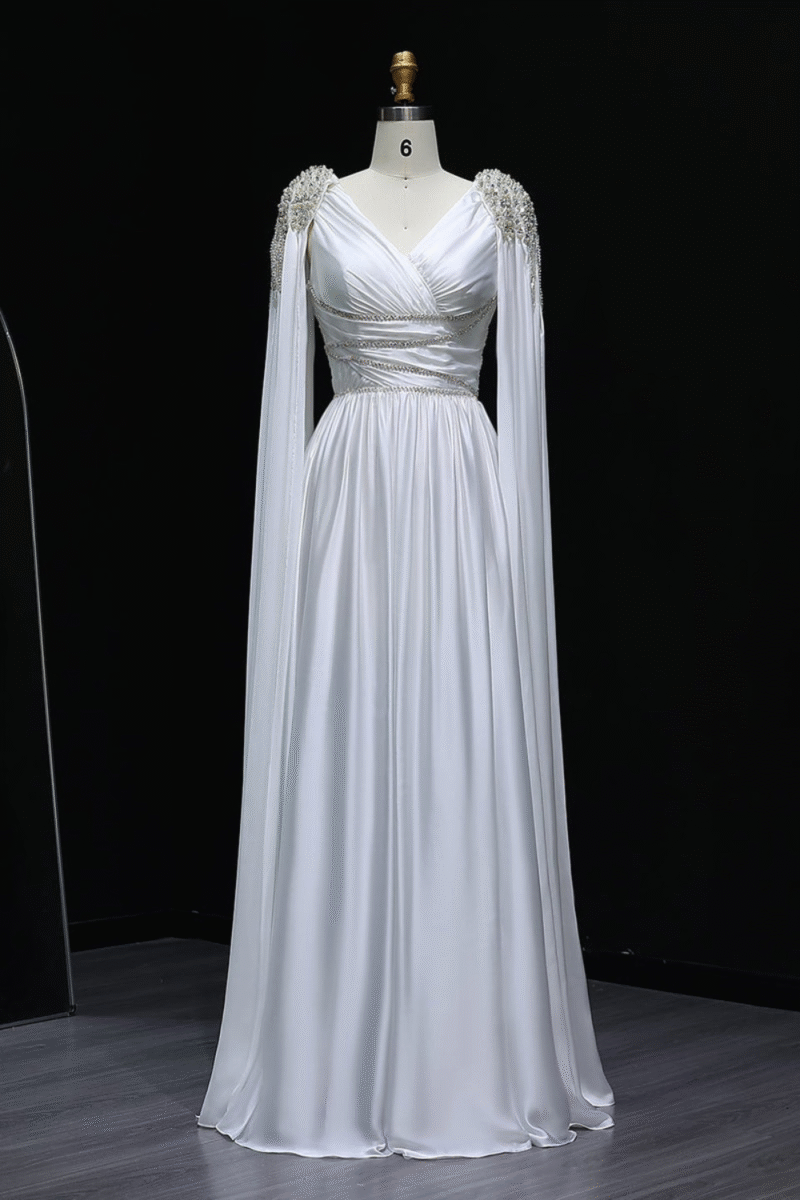 Luxury Crystal White Evening Dress With Cape Sleeves
