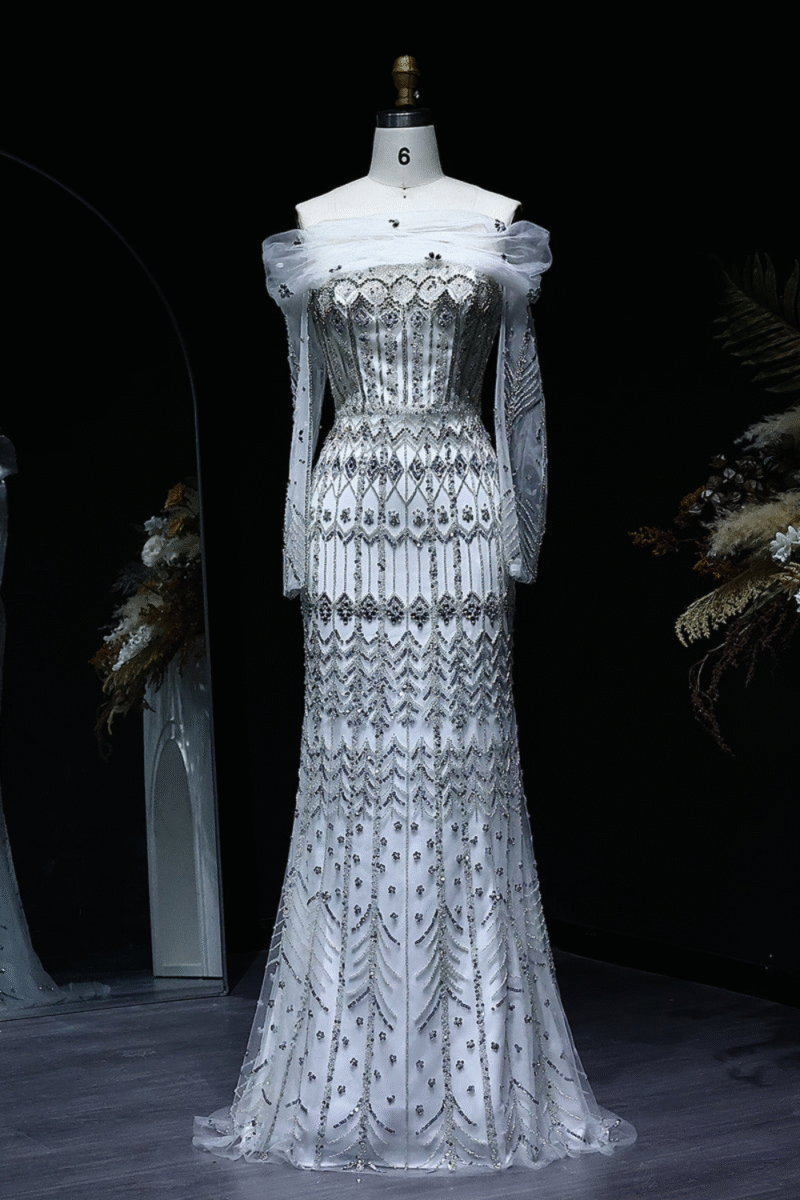 Luxury White Mermaid Arabic Evening Dress with Cape Sleeves