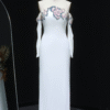 Elegant Long Off-the-Shoulder White Evening Dress with Floral Beading