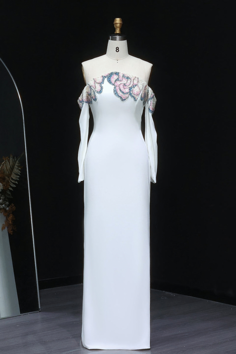 Elegant Long Off-the-Shoulder White Evening Dress with Floral Beading