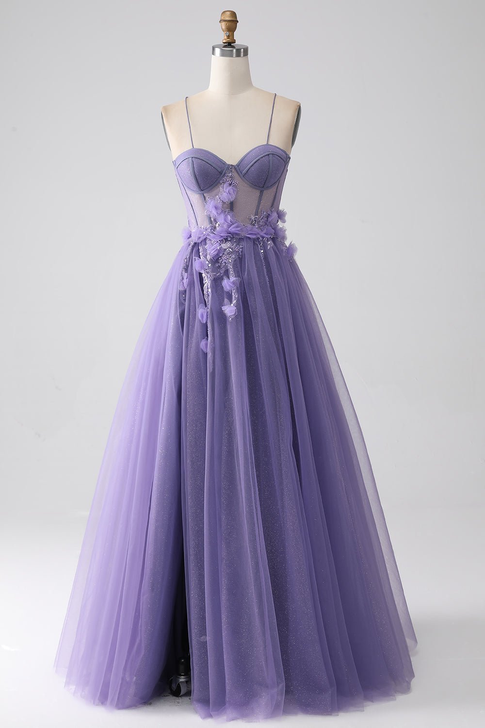 3D Flower Purple A-Line Spaghetti Strap Corset Prom Dress