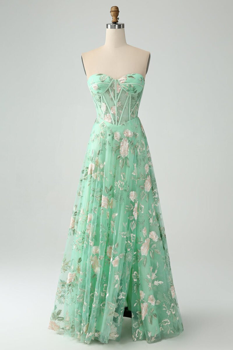 Green A-Line Sweetheart Strapless Prom Dress – Elegant Long Evening Gown