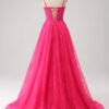 A-Line Fuchsia Corset Prom Dress with High Slit