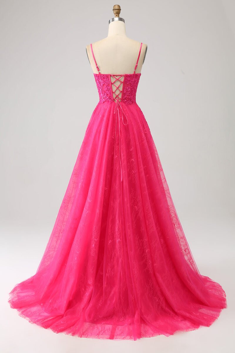A-Line Fuchsia Corset Prom Dress with High Slit
