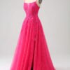 A-Line Fuchsia Corset Prom Dress with High Slit