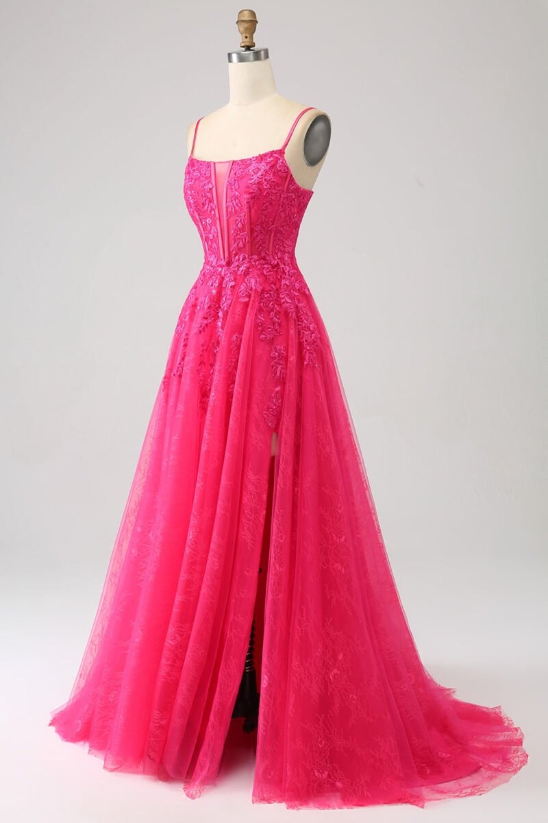 A-Line Fuchsia Corset Prom Dress with High Slit