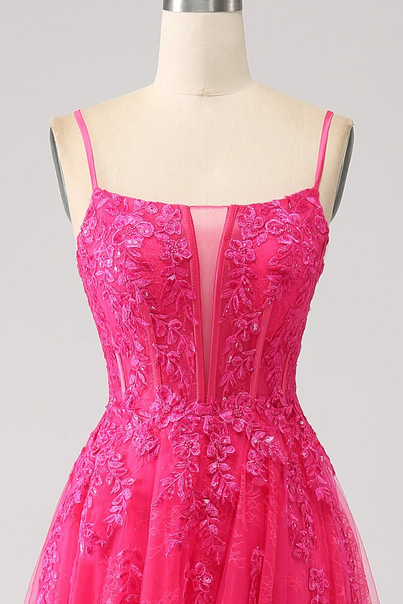 A-Line Fuchsia Corset Prom Dress with High Slit