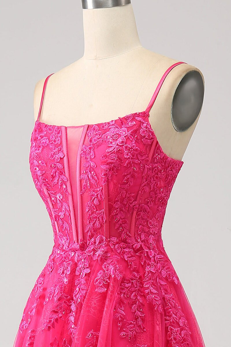 A-Line Fuchsia Corset Prom Dress with High Slit